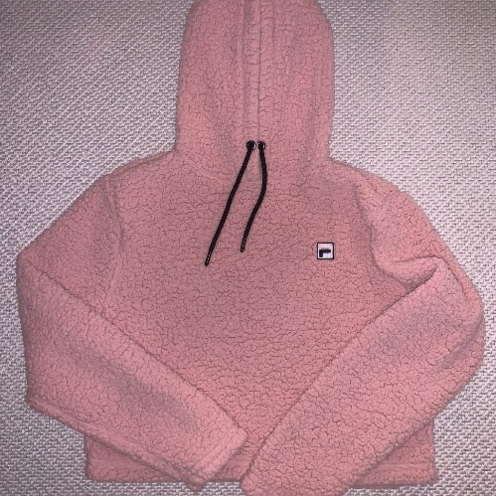 Pink fuzzy Fila cropped hoodie